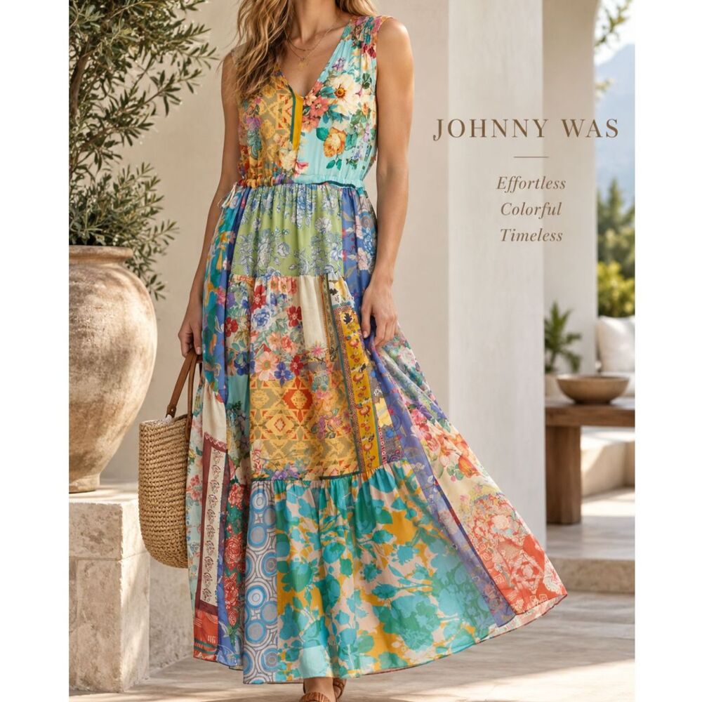 Johnny Was Cherika Natania Patchwork Maxi Dress S Boho Floral Tassels w Slip